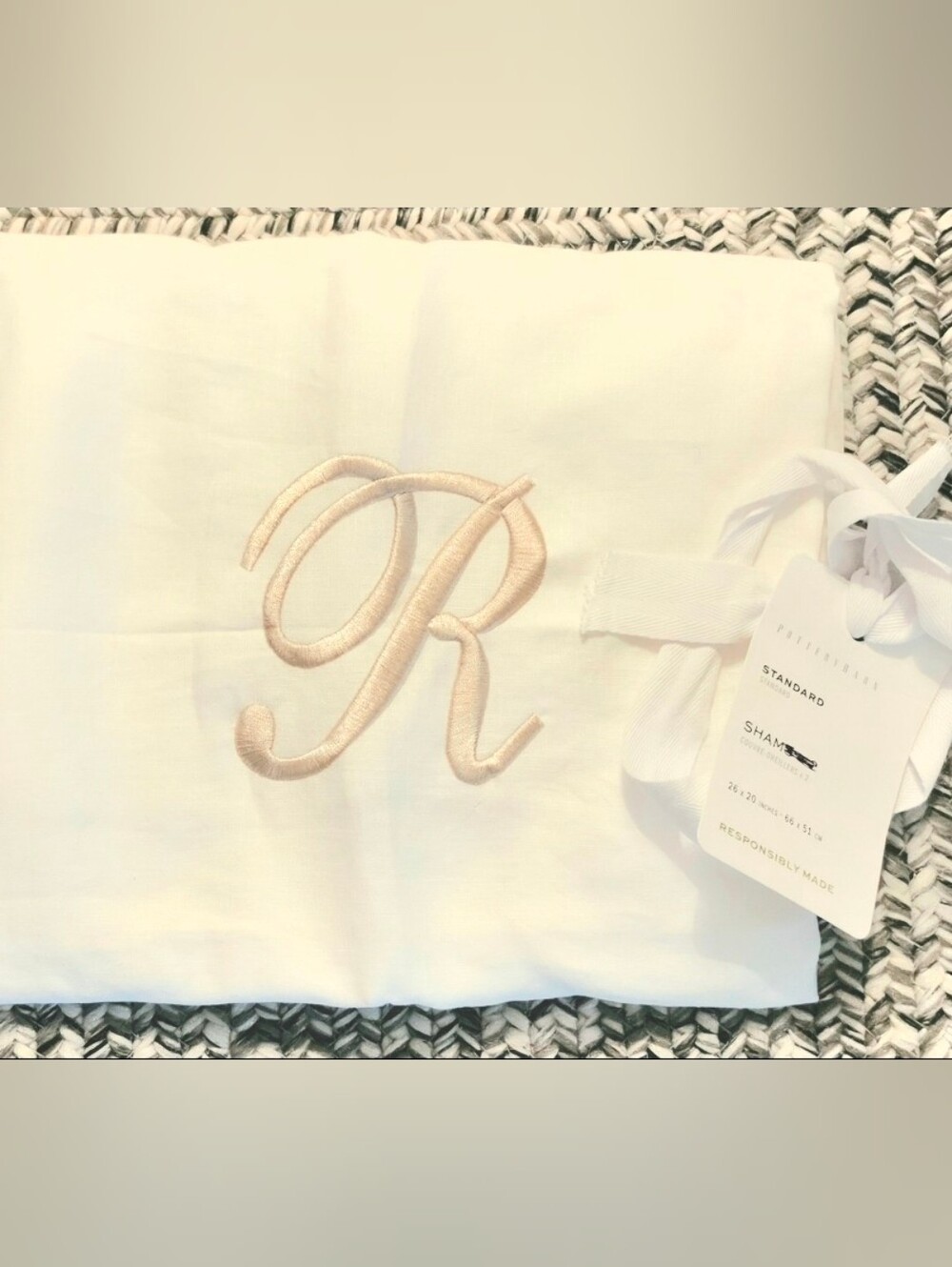 Pottery Barn Belgian Flax Linen Monogrammed "R" (Basket Beige) Std Sham (White)